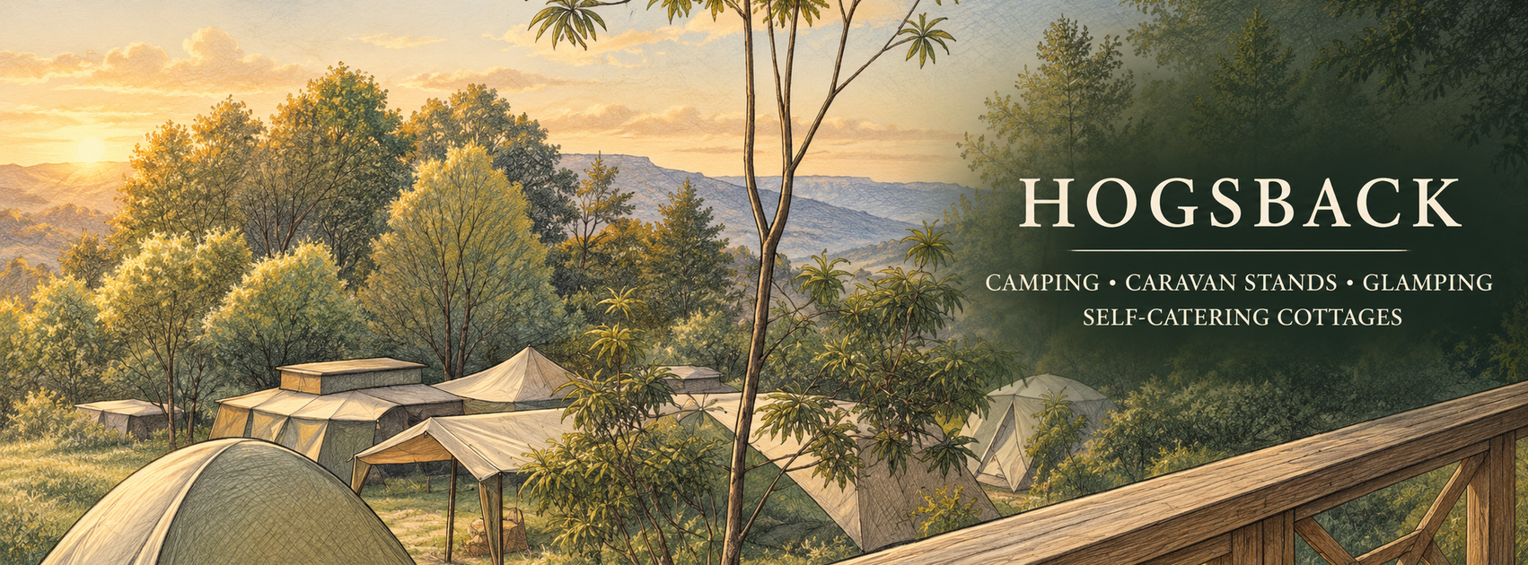 Illustrated Hogsback mountain landscape with Swallowtail camping, caravan stands, glamping and self-catering cottages